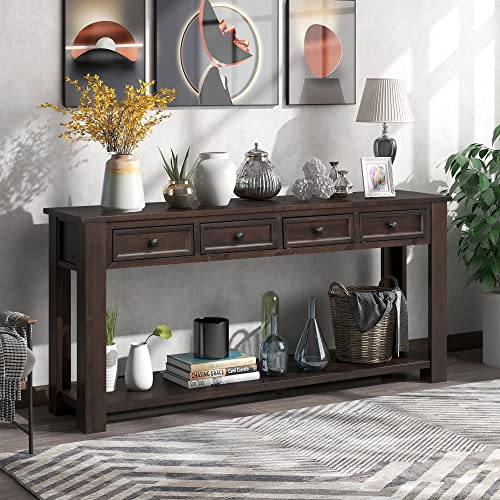 Console Table Hallway Sofa Entryway Side Table 63" Long Furniture with 4 Drawers and Bottom Shelf for Living Room Home Decor (Espresso)