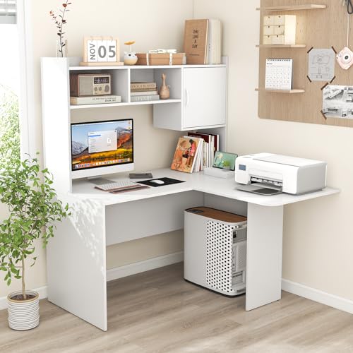 L Shaped Desk with Hutch, White Corner Desk with Storage Shelf & Cabinet, view 3