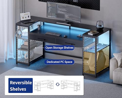 58 Inch Computer Desk with Monitor Stand and Shelves Gaming Desk with LED Lights & Power Outlets PC Vanity Table with 2 Drawers for Home Office Marble
