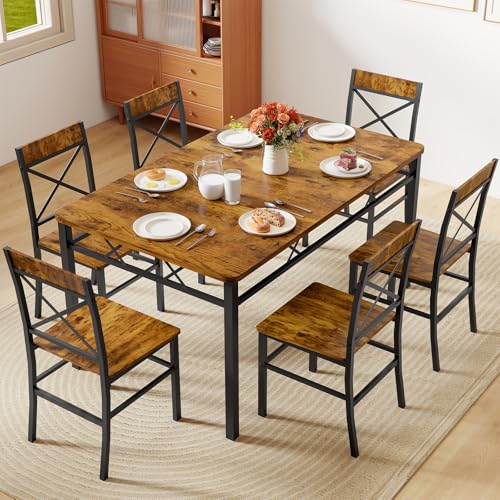 7-Piece Dining Table Set, Kitchen Table Chairs Set of 6, Dining Room Sets for 6, Farmhouse Dining Table Set with 6 X-Shaped Curved Backrest Chairs, for Kitchen & Living Room-Rustic Brown