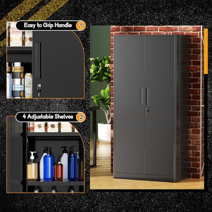 Metal Storage Cabinet with Lock, Steel Garage Storage Cabinet with 2 Doors and Adjustable Shelves, File Organization for Office, Home, Garage, School (Black)