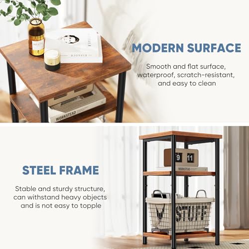 End Tables Set of 2, Small Side Table for Small Spaces, 3 Tier Tall Bedside Table with Open Shelf and Adjustable Feet for Living Room, Bedroom, Office, Dorm, Apartment, Brown