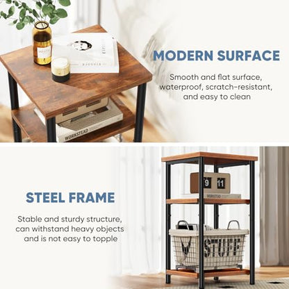 End Tables Set of 2, Small Side Table for Small Spaces, 3 Tier Tall Bedside Table with Open Shelf and Adjustable Feet for Living Room, Bedroom, Office, Dorm, Apartment, Brown