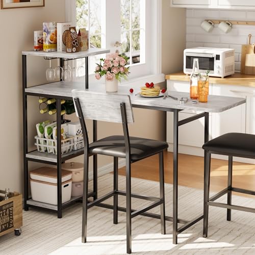 Dining Table Set for 2, 3-Piece Expandable Bar Table and Chairs Set, with Storage Shelves and Wine Rack, Small Kitchen Dining Set for Living Room, Apartment