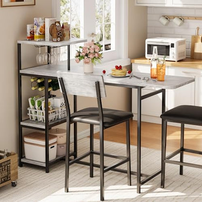 Dining Table Set for 2, 3-Piece Expandable Bar Table and Chairs Set, with Storage Shelves and Wine Rack, Small Kitchen Dining Set for Living Room, Apartment