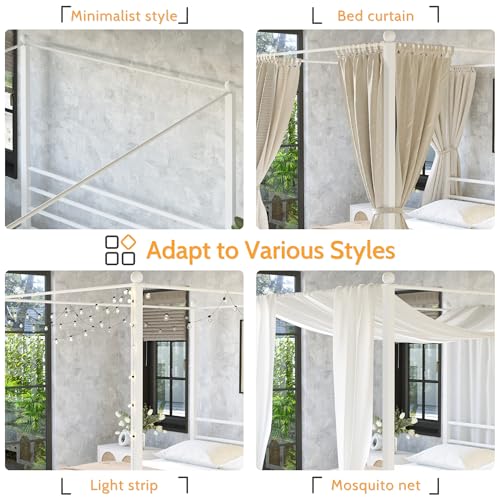 Canopy Bed Queen, Four Poster Metal Frame, White, view 5