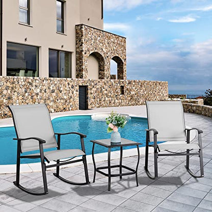 3 Piece Outdoor Rocking Bistro Set, Textilene Fabric Small Patio Furniture Set, Front Porch Rocker Chairs Conversation Set with Glass Table for Lawn, Garden, Balcony, Poolside (Light Gray)