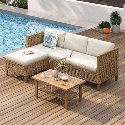 Outdoor Sectional Couch, Wicker Patio Furniture Set with Acacia Wood Coffee Table, L-Shape Small Outdoor Conversation Corner Sofa Set for Deck Porch, Beige