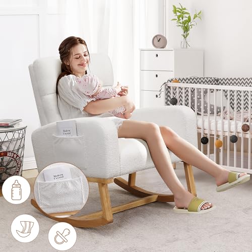 Rocking Chair Nursery, Sherpa Nursing Rocking Armchair for Mom Nursery Morden Rocker Chair with High Backrest for Living Room,Bedroom,Teddy White