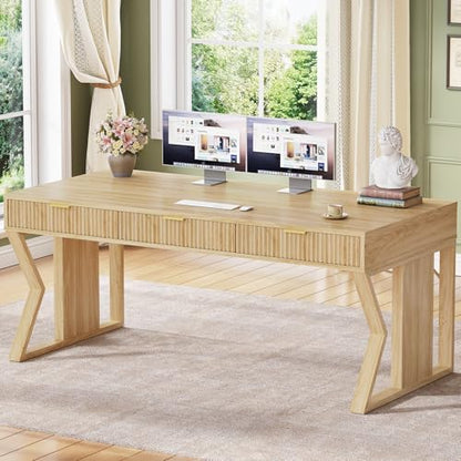 55" Executive Office Desk with 3 Drawers, Home Office Desk with Storage Drawers, Computer Writing Desk Study Table, Natural Oak