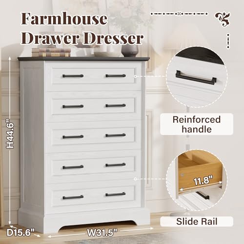 Farmhouse Dresser for Bedroom, 5 Drawers Dresser, White & Black, view 4