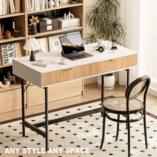 45 Inch White Desk with Drawers, Small Writing Desks for Bedroom, view 4