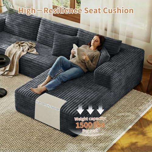 Modular Sectional Couches for Living Room, Comfy Shaped Boneless Cloud Couch with Chaise, Modern Deep Seat Corduroy Floor Sofa, No Assembly Required (Grey, 107" L-Shaped Right)