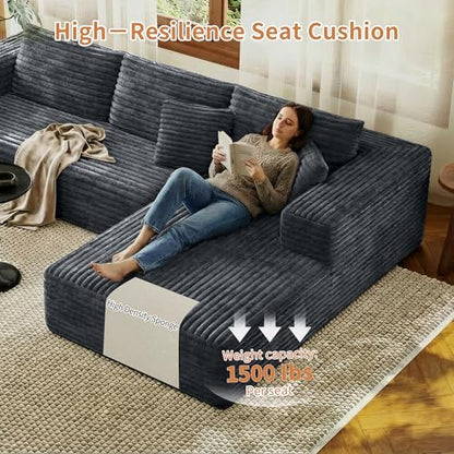 Modular Sectional Couches for Living Room, Comfy Shaped Boneless Cloud Couch with Chaise, Modern Deep Seat Corduroy Floor Sofa, No Assembly Required (Grey, 107" L-Shaped Right)