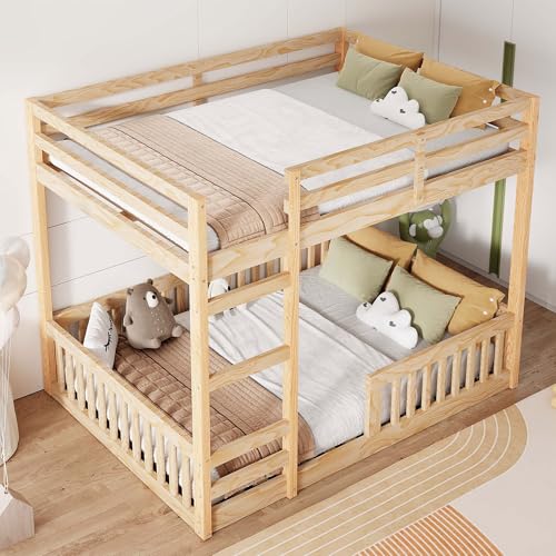 JIVOIT Full Over Full Bunk Bed, Solid Wood Bunk Bed Frame with Ladder and Guardrails, Wood Slats Support, No Box Spring Needed (Natural/ 4)
