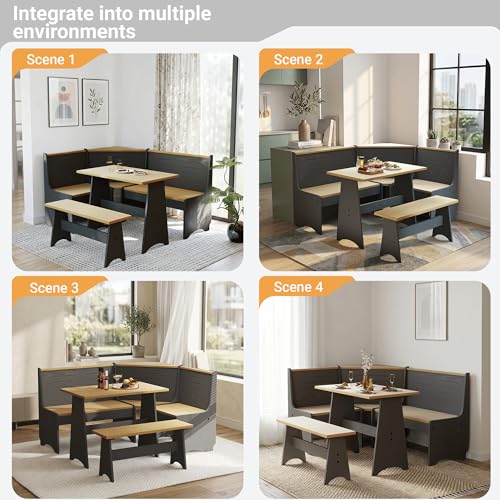 3-5 People Breakfast Nook Set, L-Shaped Corner Dining Table with Bench, Hidden Storage Space Saving Convertible for Family Home Black Wood