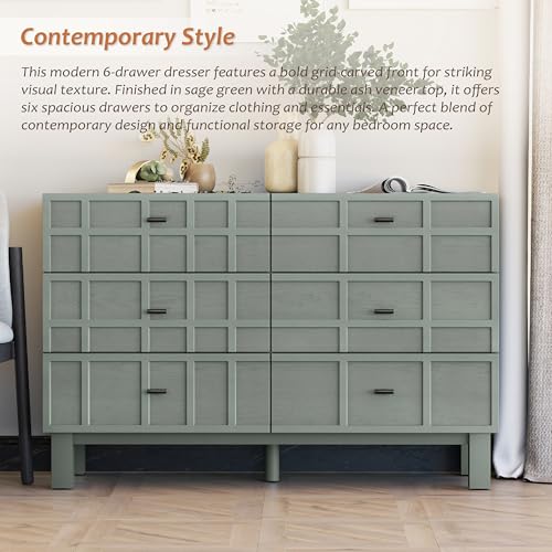 Modern 6 Drawer Double Dresser with Grid Carved Pine Front, view 4