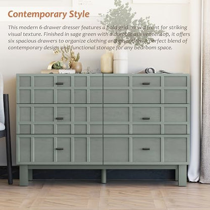 Modern 6 Drawer Double Dresser with Grid Carved Pine Front, view 4