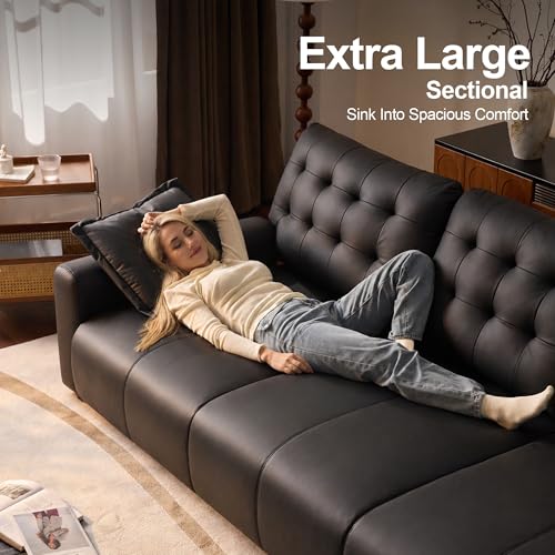 Extra Large Black Leather Couch with Chaise and Adjustable Back FSC Certified PU Leather, view 5