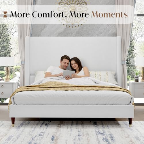 Queen Bed Frame Linen Upholstered 51.2" Tall Headboard, White, view 6