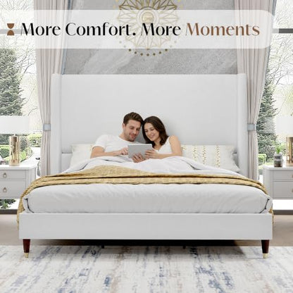 Queen Bed Frame Linen Upholstered 51.2" Tall Headboard, White, view 6