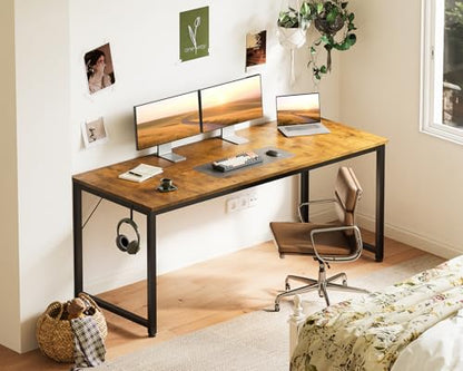 63 Inch Computer Desk for Home Office, Study Writing Table for Small Spaces, Simple Modern Desk with Headphone Hooks, Rustic Brown