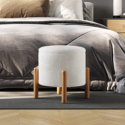 Round Sherpa Storage Ottoman Pouf with Removable Lid – Plush Couch Footrest & Hidden Organizer for Small Spaces, Dorm or Living Room by (White)