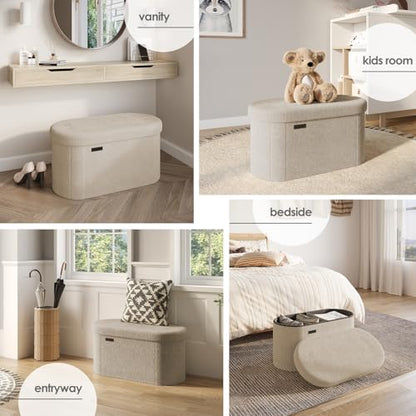 Storage Ottoman Bench, 30 Inch Storage Bench for Bedroom End of Bed, Foldable Large Ottoman Foot Rest, Entryway Benches, Boucle Oval Organizer Chest Max 660lbs, Beige