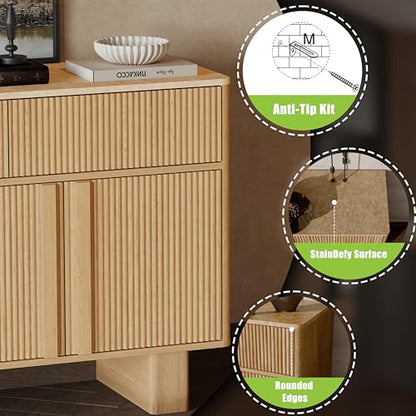 63" Wide Sideboard Buffet Cabinet with Storage, Modern Buffet with 3 Drawers and 4 Doors, Storage Cabinet with 2 Reinforced Legs for Kitchen, Living Room, Light Oak