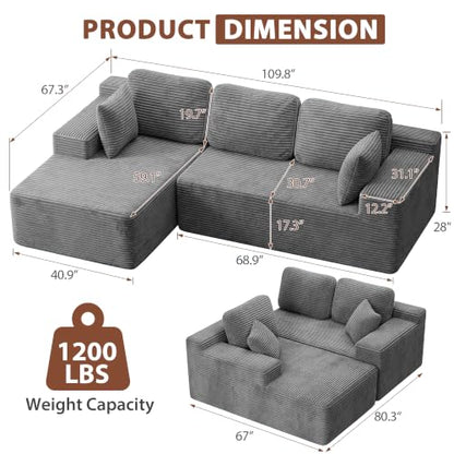 110" Boneless Sectional Couch, Modular Sectional Sofa L-Shape Couch with Deep Seat, Cloud Comfy Boneless Couch for Living Room, No Assembly Required (Corduroy, Grey)