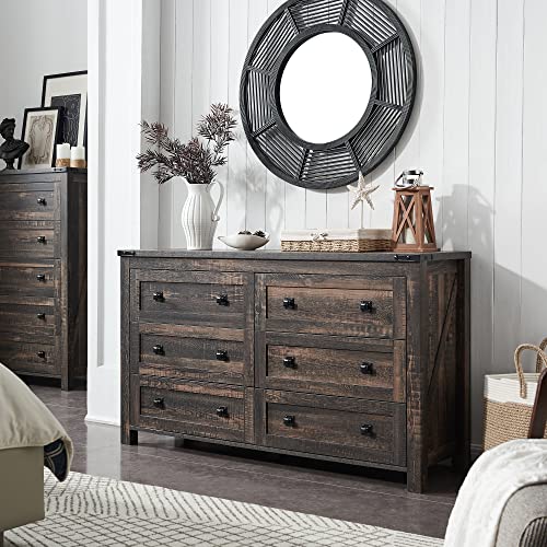 54" Wide Farmhouse 6-Drawer Dresser for Bedroom, Dark Rustic Oak | Rustic, Wood Storage Cabinet, Metal Handle, Unique Corner Accent, Bedroom, Living Room, Hallway
