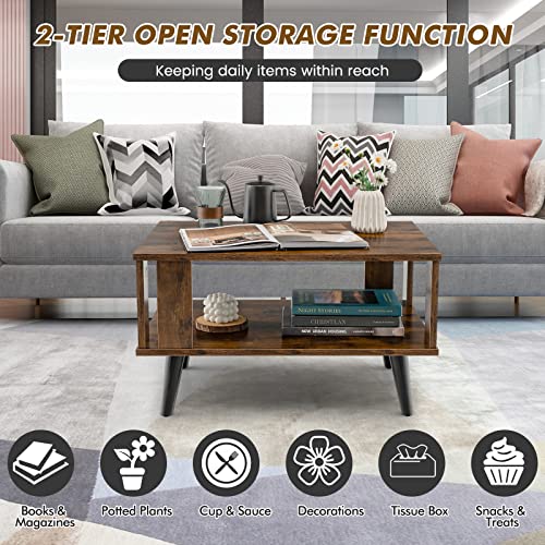 Small Wood Coffee Table, 2-Tier Tea Table w/Open Storage Shelf & Supportive Legs, Easy Assembly, Mid-Century Center Table for Living Room, Reception Room