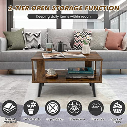 Small Wood Coffee Table, 2-Tier Tea Table w/Open Storage Shelf & Supportive Legs, Easy Assembly, Mid-Century Center Table for Living Room, Reception Room