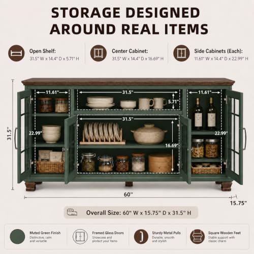 60-Inch Sideboard Buffet Cabinet with Glass Doors,Vintage Green, view 3