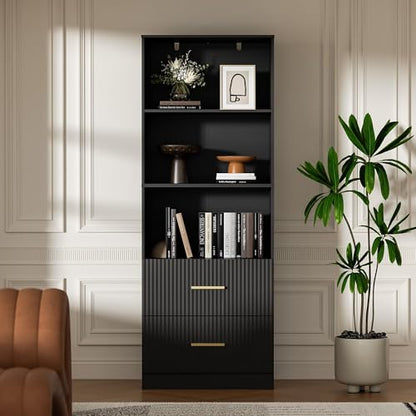 Black Bookshelf with Drawers, 63" Tall Bookshelf with Storage, 3 Shelf Modern Bookcase with Adjustable Shelf, Open Shelves Bookcase, Unique Book Shelf forHome Office, Living Room, Black