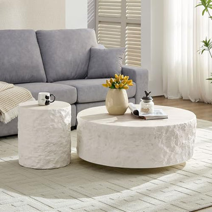 Fiberglass Round Coffee Table Set of Two, Living Room Vintage Design Faux Stone Coffee Table, Side Table Coffee Table Set for Office, Apartment, Living Room (15.75'‘+35.43’')