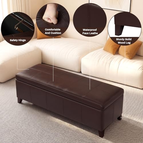 51" Coffee Brown Faux Leather Storage Ottoman | Foot Rest with Hinged Lid, Long Rectangle Bed Bench for Living Room, Bedroom, Entryway