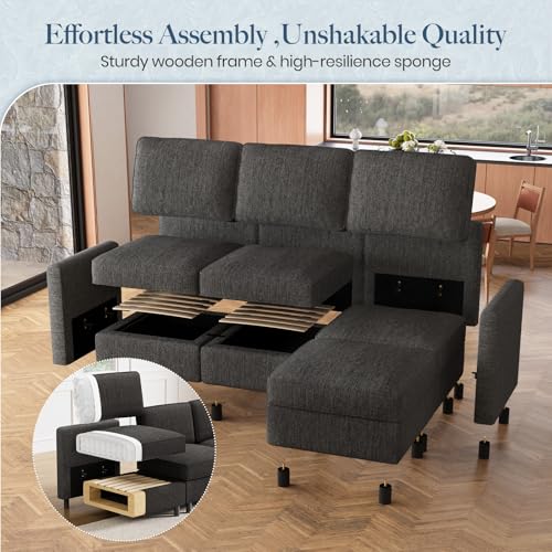 84.3" 4 Seats L Shaped Couch Modular Sectional Sofa Washable Sectional Couches for Living Room Comfy Couches with Storage Seat Couch Sofas with Chaise,Dark Grey
