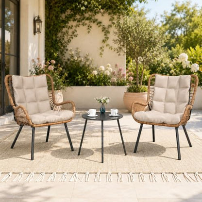 3 Piece Outdoor Bistro Set, Small Patio Furniture Set with Coffee Table and Thick Cushions, Front Porch Furniture for Lawn, Garden, Balcony, Poolside, White