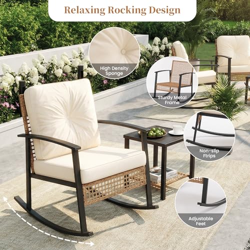 3-Piece Outdoor Rocking Chairs Bistro Set, Rattan Patio Furniture with Thick Warm Beige Cushions & 2-Tier Storage Coffee Table for Garden, Porch, Balcony,Backyard