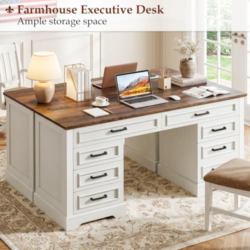 58" Executive Desk with 7 Drawers, Large Computer Desk with Charging Station, view 8