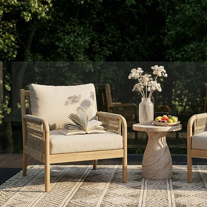 Casper Acacia Wood Lounge Chair Outdoor with Removable Cushion, Wooden Patio Accent Chair with Woven Rope Details, Outdoor Armchair for Patio Furniture Set, Light Teak+Beige