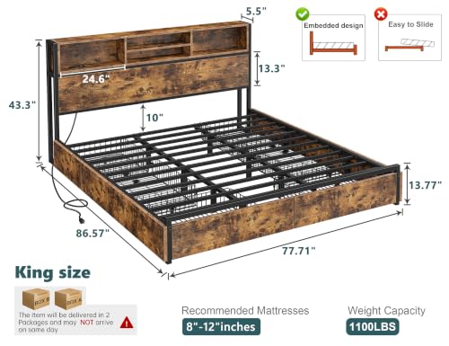 King Bed Frame with 6 Storage Drawers, Charge Station,Noise-Free, view 3