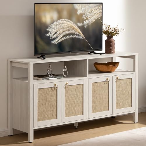 White Rattan TV Stand Entertainment Center Cabinet with 4 Doors, view 2