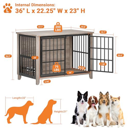 37.7" Wooden Dog Crate Furniture for Medium Dogs, Grey, view 3
