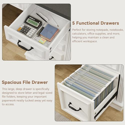 Farmhouse 57" Executive Desk with 7 Drawers, Home Office Desk with File Cabinet Storage, Computer Desk with Charging Station and Headphone Hook for Work, Study, Writing, White