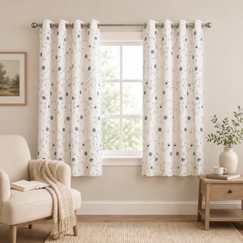 Floral Embroidered Grommet Curtains for Bedroom, 2 Panels, 52 x 63