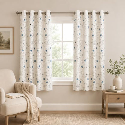 Floral Embroidered Grommet Curtains for Bedroom, 2 Panels, 52 x 63