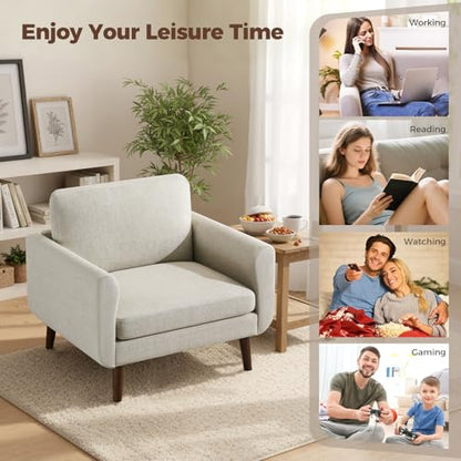 Oversized Accent Chair for Living Room, 37" Mid-Century Modern Comfy Reading Chair, Linen Fabric Solid Wood Frame Armchair, Upholstered Oatmeal Bedroom Accent Chairs Set of 2 for Adults