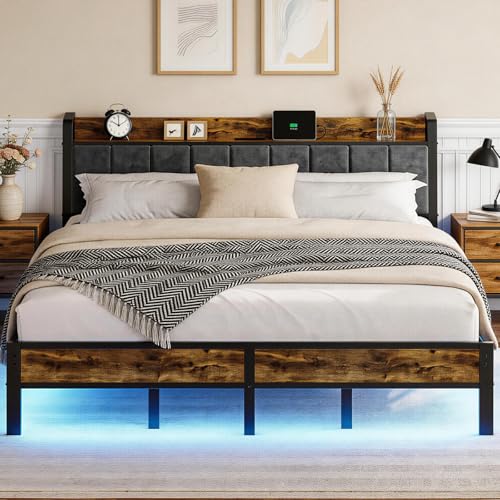 King Size Bed Frame with Charging Station, Storage Headboard, view 3